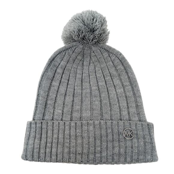 MICHAEL Michael Kors Beanie with Pom Gray OS Winter Soft Ribbed Logo Metal - Picture 1 of 4